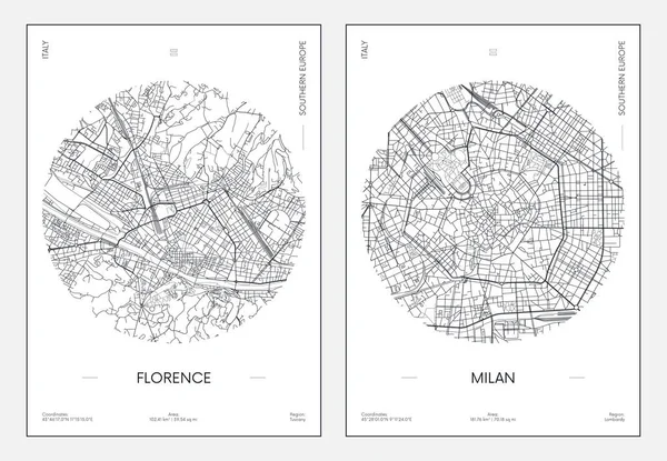 Reseaffisch Urban Gata Plan Stadskarta Florens Och Milano Vektor Illustration — Stock vektor