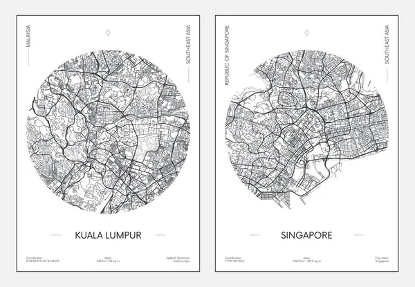 Póster Viaje Plano Urbano Mapa Kuala Lumpur Singapur Ilustración Vectorial — Archivo Imágenes Vectoriales