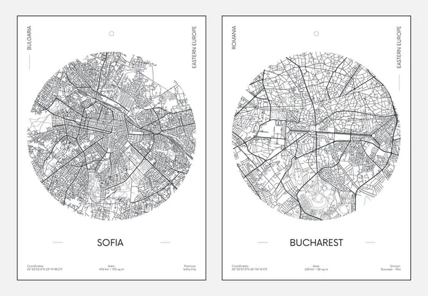 Cartel Viaje Plano Urbano Mapa Ciudad Sofía Bucarest Vector Ilustración — Archivo Imágenes Vectoriales