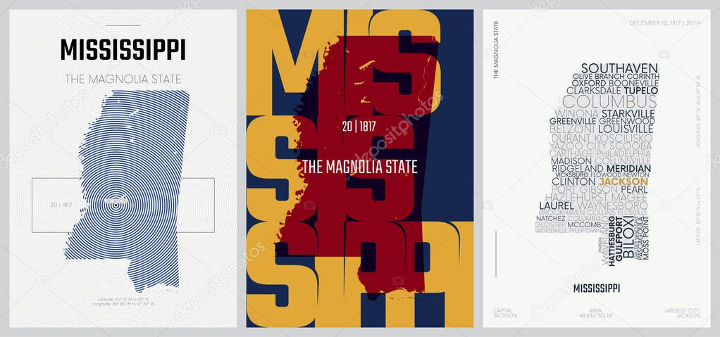 20 of 50 sets, US State Posters with name and Information in 3 Design Styles, Detailed vector art print Mississippi map