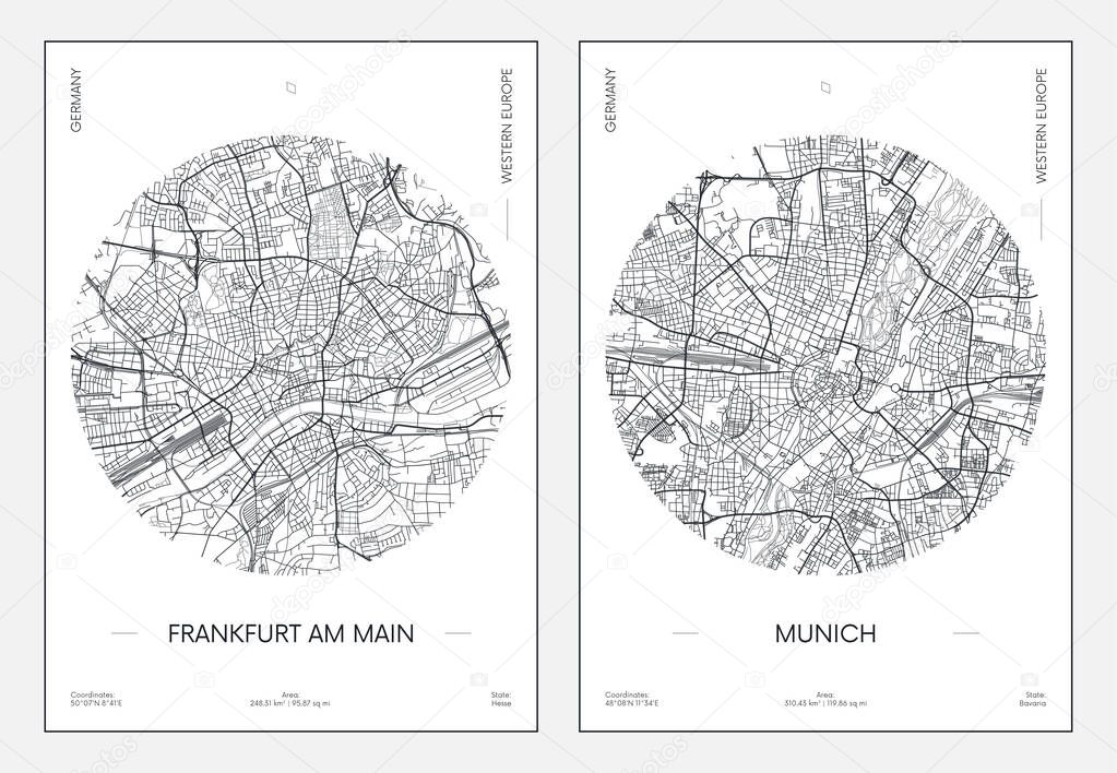 Travel poster, urban street plan city map Frankfurt am Main and Munich, vector illustration