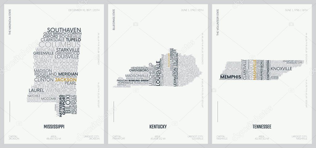 Typography composition of city names, silhouettes maps of the states of America, vector detailed posters, Division East South Central - Mississippi, Kentucky, Tennessee - set 11 of 17