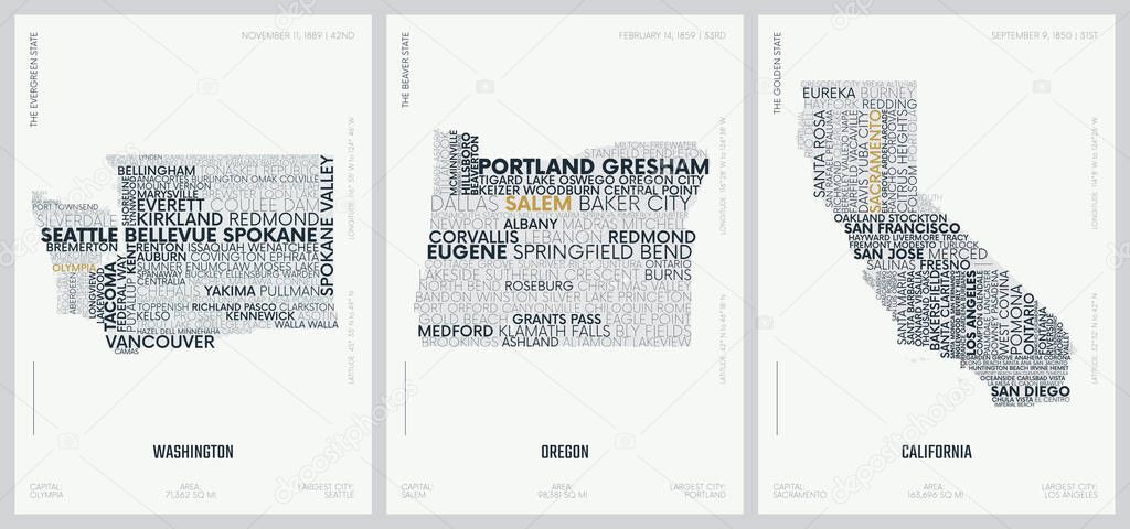 Typography composition of city names, silhouettes maps of the states of America, vector detailed posters, Division Pacific - Washington, Oregon, California - set 16 of 17