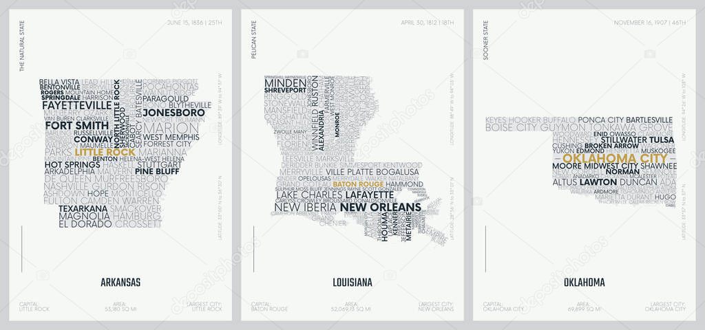 Typography composition of city names, silhouettes maps of the states of America, vector detailed posters, Division West South Central - Arkansas, Louisiana, Oklahoma - set 12 of 17