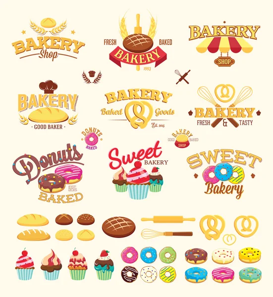 Étiquettes, logos et éléments de design de boulangerie — Image vectorielle