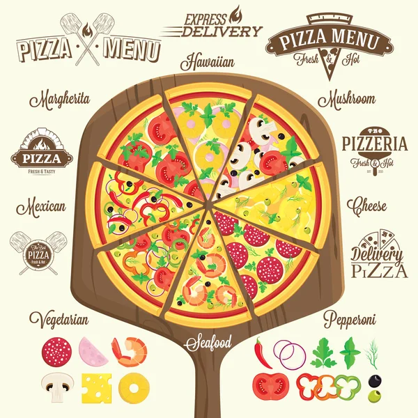 Menu pizza, étiquettes et éléments de design — Image vectorielle