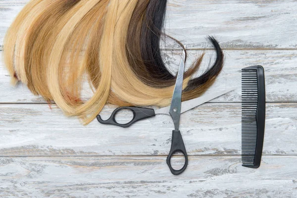 Hairdresser Scissors Comb Strand Hair Wooden Background Hairdresser Service — Stock Photo, Image