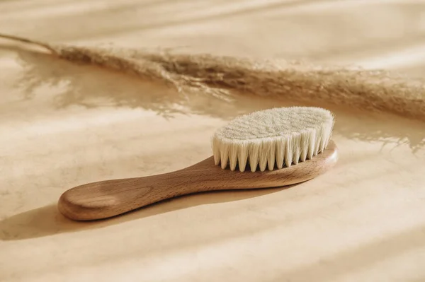 Cabello de cerda de cabra suave natural y hierba de pampas sobre fondo beige. Cero residuos, concepto de cosméticos ecológicos. Filtro de color Vintage — Foto de Stock