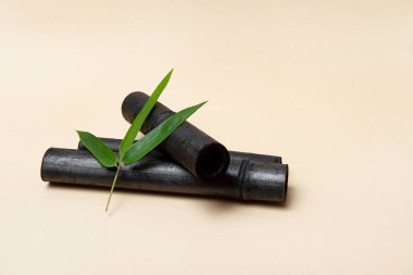 Bambu etkinleştirilmiş kömür çubuğu ve bej arka planda yeşil yaprak