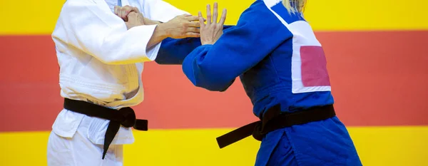 白と青のユニフォームを着た2人の柔道選手 プロスポーツのコンセプト — ストック写真