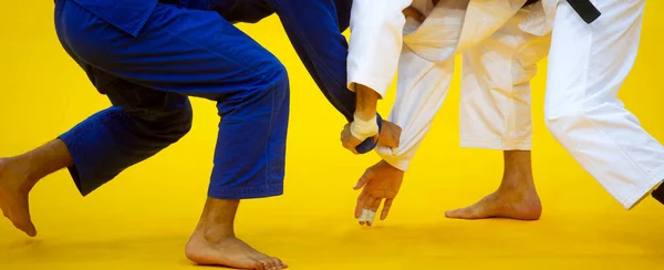 Två Judokämpar Vit Och Blå Uniform Professionell Idrott Koncept — Stockfoto