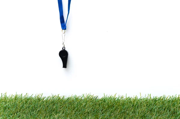 Futebol Esportes Assobio Fundo Grama Penalidade Conceito Falta Esportes — Fotografia de Stock