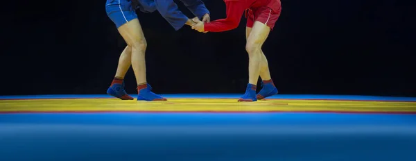 Due Uomini Lotta Blu Rossa Tappeto Giallo Palestra Manifesto Sportivo — Foto Stock