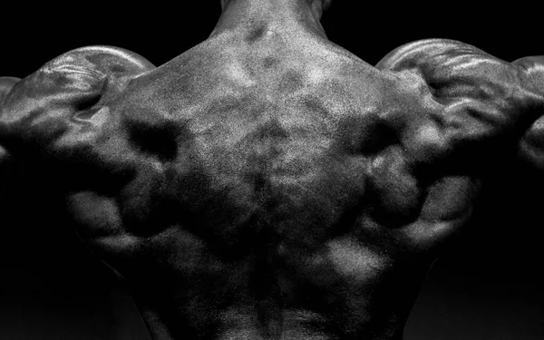 Kulturysta Pokazuje Plecy Mięśnie Bicepsów Osobisty Trener Fitness Czarno Biały — Zdjęcie stockowe