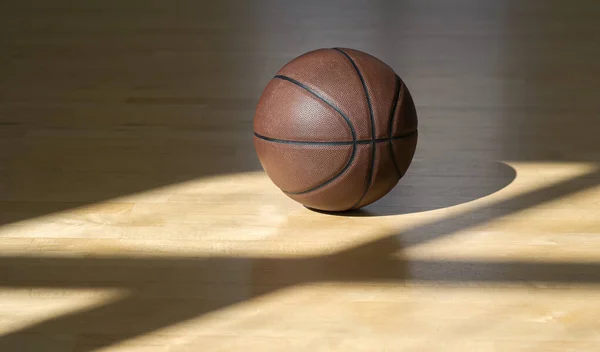 Cancha Baloncesto Piso Madera Con Bola Cuero Marrón Profesional Sombras — Foto de Stock