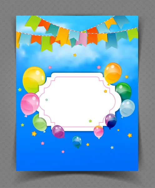 Banner de fiesta con banderas y balones — Vector de stock