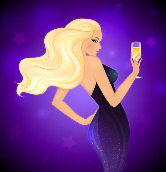 Elegancia mujer rubia con champán — Vector de stock