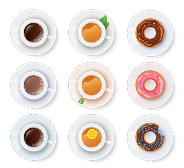 Tea and coffee with donuts — Stock Vector