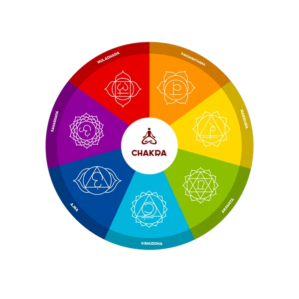 Esquema de chakra de color sobre fondo blanco — Vector de stock