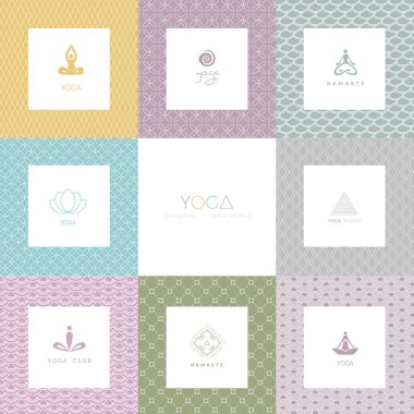 Logolar ve bir yoga stüdyosu için desenler kümesi