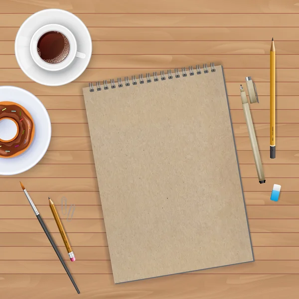 Espace de travail avec cahier et café — Image vectorielle