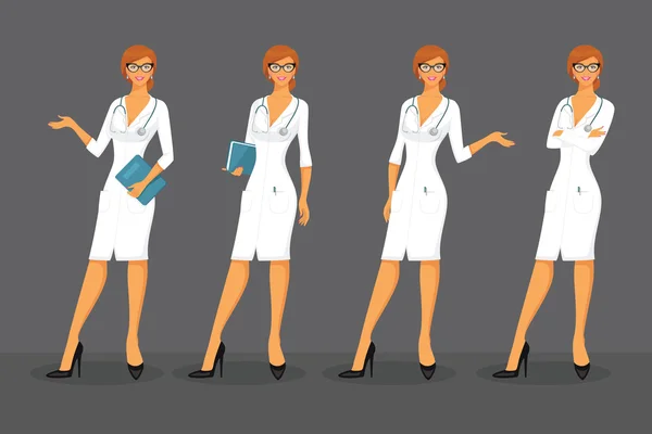Vrouw arts in verschillende poses — Stockvector