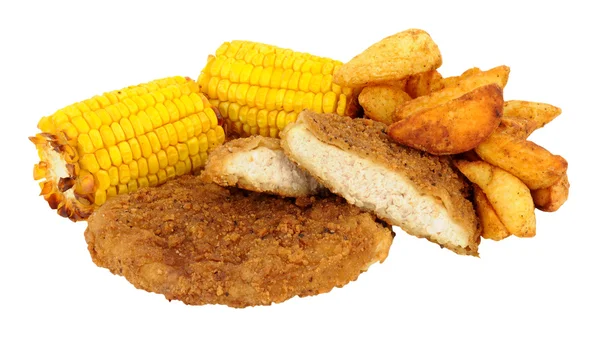 Southern Fried Chicken With Sweet Corn And Potato Wedges — Stock Photo, Image