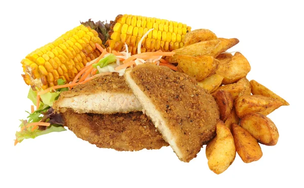 Southern Fried Chicken With Sweet Corn And Potato Wedges — Stock Photo, Image