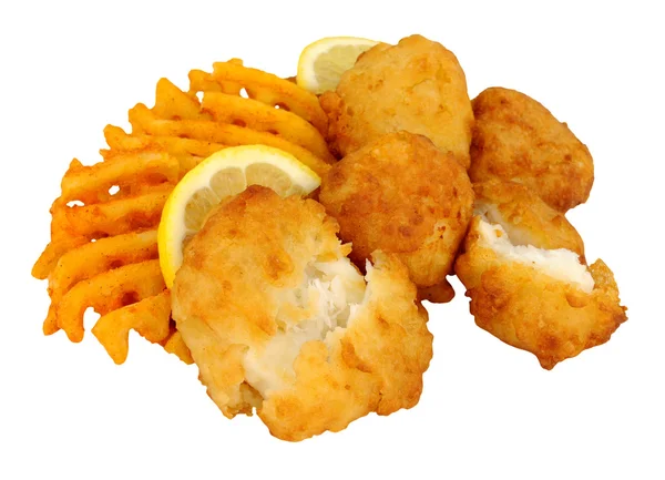 Cod Fish Nuggets With Lattice Potato Fries — Stock Photo, Image