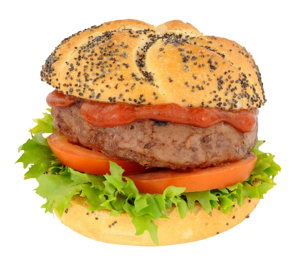 Rundvlees hamburger met salade In een zaad bedekt Roll — Stockfoto