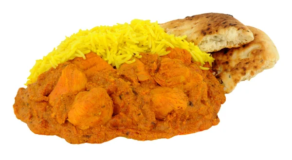 Pollo Tikka Masala Curry con arroz Pilau y pan de Naan —  Fotos de Stock