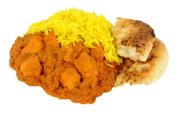 Csirke Tikka Masala Curry Pilau rizs és Naan kenyér — Stock Fotó