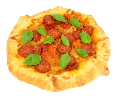 Biberli Pizza taze fesleğen bitki yaprakları ile