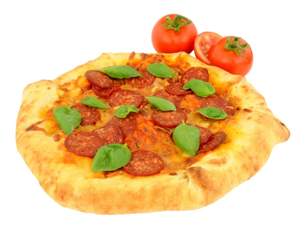 Pepperoni Pizza With Fresh Basil Herb Leaves — Stock Photo, Image