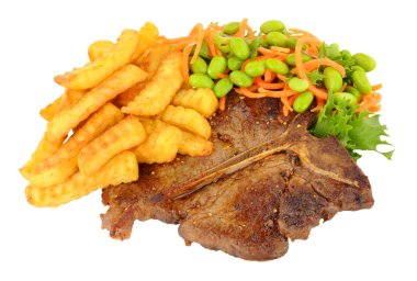 T-Bone biftek ve cips yemek salata ile