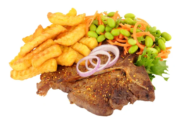 T-Bone Steak en Chips maaltijd met salade — Stockfoto