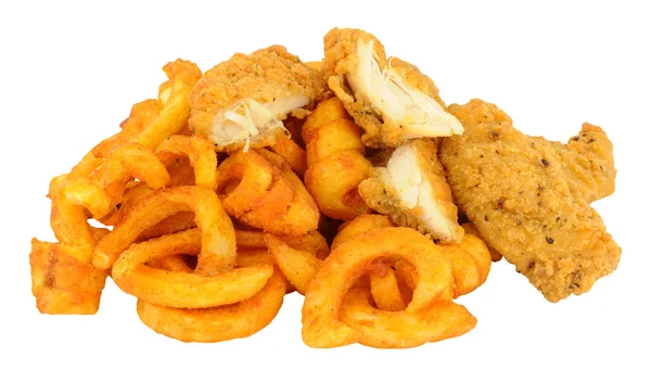 Gebakken kip en Curly Fries gepaneerd — Stockfoto