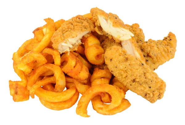 Pollo fritto impanato e patatine fritte ricce — Foto Stock