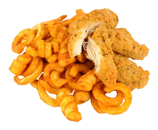 Gebakken kip en Curly Fries gepaneerd — Stockfoto