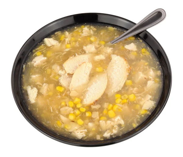 Chicken And Sweetcorn Soup In A Black Bowl — Stock Photo, Image