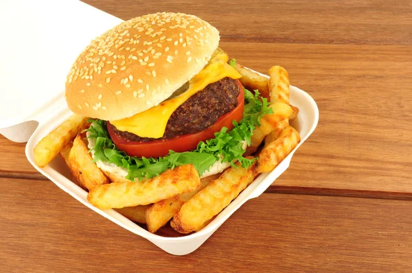 Cheese Burger And Fries In A Take Away Box