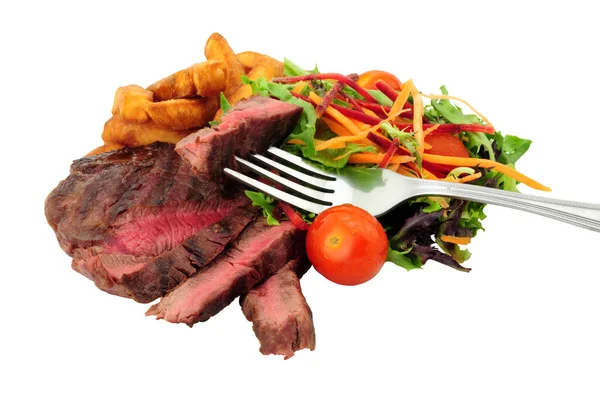 Gegrillte Saftige Rinderfilet Steak Und Pommes Mit Frischem Salat Isoliert — Stockfoto