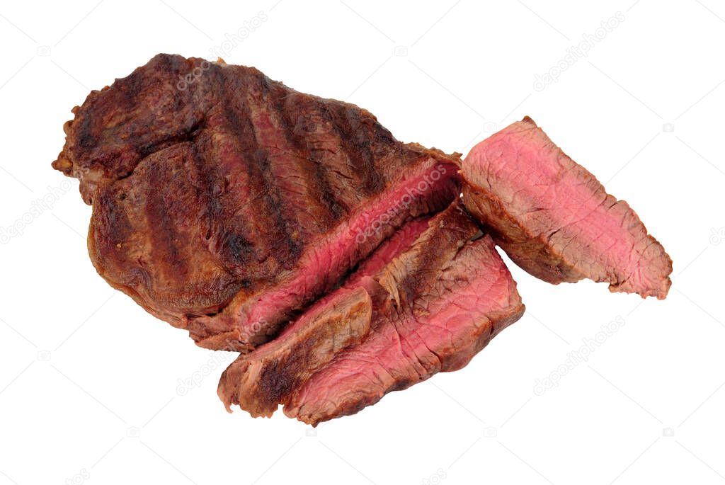 Rare cooked juicy fillet beef steak isolated on a white background