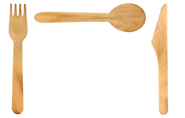 环保单人使用木制餐具 包括在白色背景上隔离的刀 叉和勺子 — 图库照片