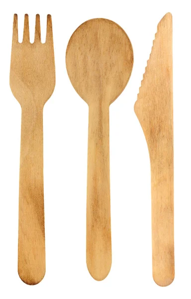 环保单人使用木制餐具 包括在白色背景上隔离的刀 叉和勺子 — 图库照片