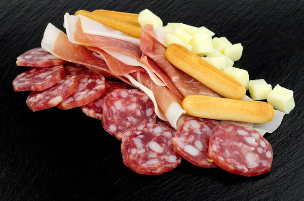 Meat Cheese Snacking Selection Prosciutto Ham Salami Grissini Bread Sticks — Stock Photo, Image