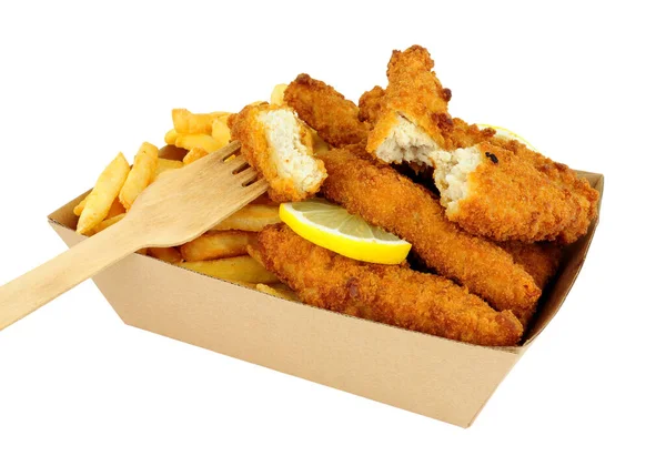 Breadcrumb Täckt Kyckling Mini Filéer Och Pommes Frites Kartong Takeaway — Stockfoto