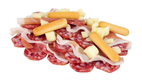 肉和奶酪夹着火腿 腊肠和意大利面面包棒 在白色背景下分离 — 图库照片