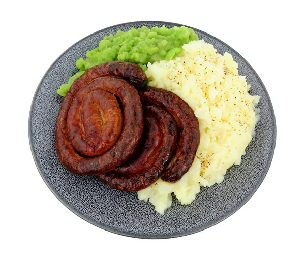 Cumberland Fläsk Korv Virvla Och Mosade Potatismjöl Med Mushy Ärtor — Stockfoto