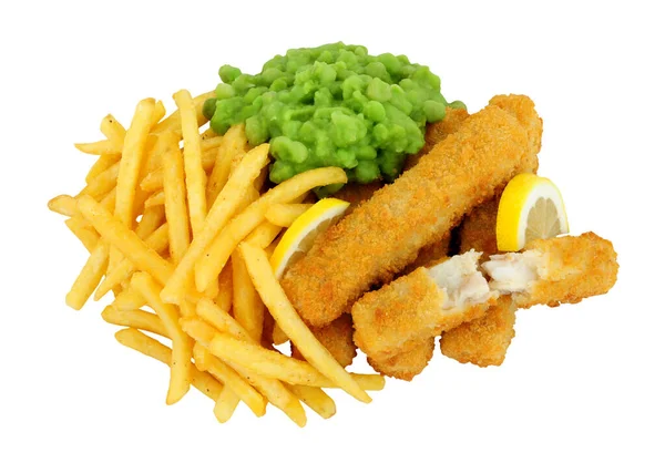 Jumbo Breadcrumb Covered Cod Fish Fingers Chips Meal Mushy Peas — Stock Photo, Image